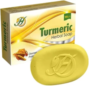 Turmeric Herbal Soap Benefits of Turmeric Herbal Soap Natural Treatment for Acne Revitalizes skin Protects skin from Acne & Rash Stimulates Blood Circulation.Helps Prevent Acne Prevents Skin Rashes A Natural Moisturizer. Prevents Dryness, Relieves Eczema and Psoriasis Reduces Facial Hair Growth Lighten Stretch Marks It Provides A Great Relief To Aging Skin Ingredients Turmeric Olive Oil Shea Butter Honey Vegetable Glycerin Vitamin E Essential Oils.