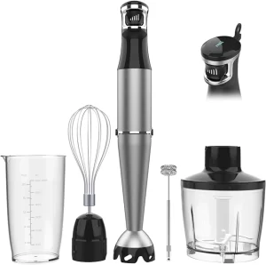 Hand Blender, Turbo for Finer Results, 4-in-1 Gift Set, 500 Watt 6-Speed Immersion Multi-Purpose Hand Blender Heavy Duty Copper Motor Brushed 304 Stainless Steel With Whisk, Milk Frother Attachments. Black.