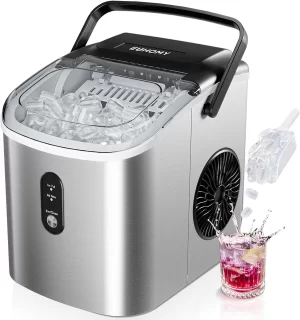 Countertop Ice Maker Machine with Handle, 26.5lbs per Day, 9 Cubes in 6 Mins, Auto-Cleaning Portable Ice Maker with Basket and Scoop, for Home/Kitchen/Camping/RV. (Silver)