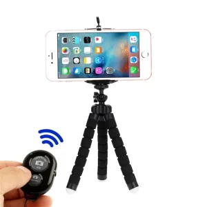 Flexible Sponge Tripod Selfie Stick With Camera Bluetooth And Phone Bracket - Black